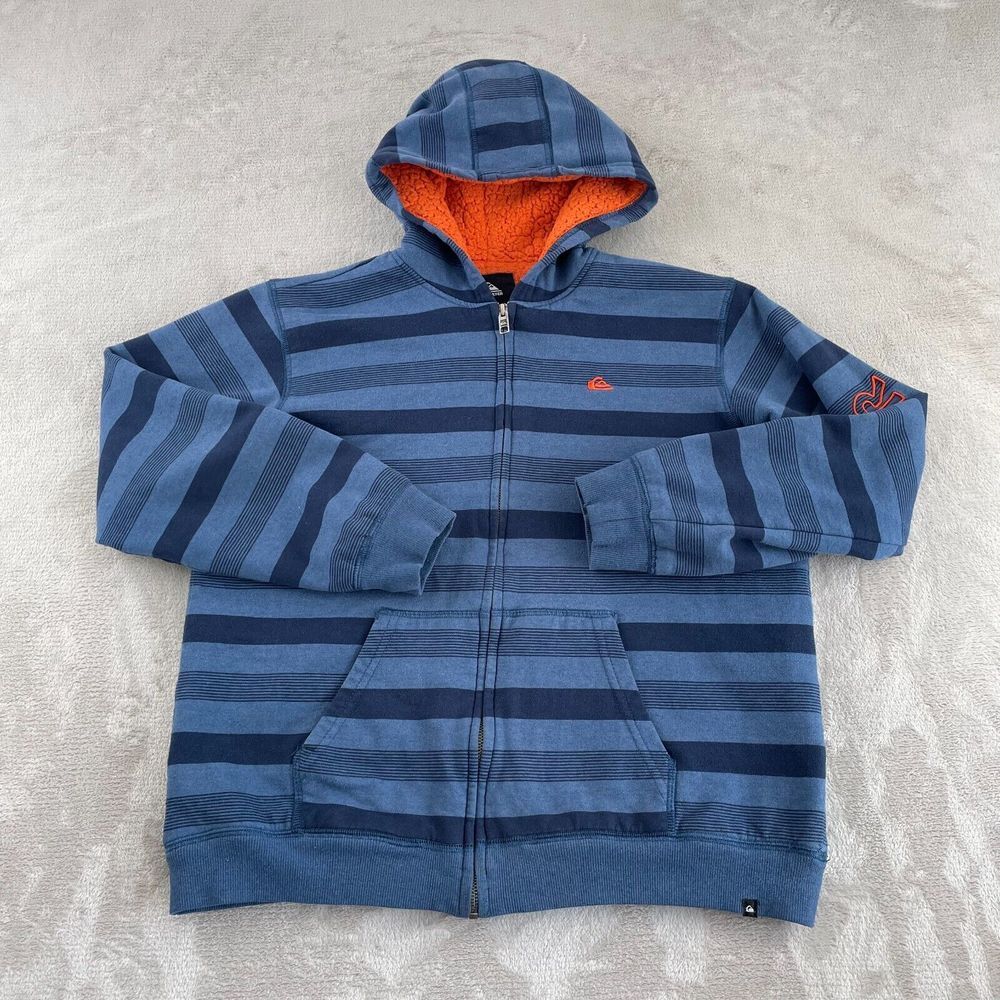 Quiksilver Hoodie Boys Large 14-16 Blue Striped SpellOut Sherpa Lined Skateboard